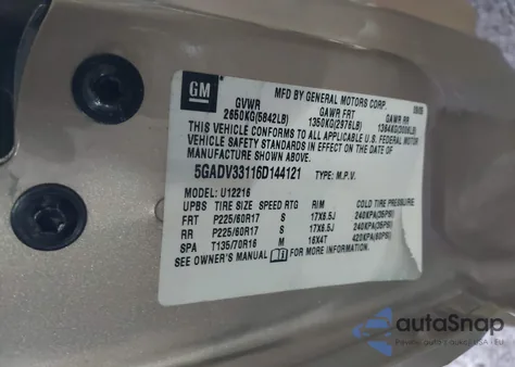 2006 Buick Terraza Cxl z USA, uszkodzony, nr VIN 5GADV33116D144121